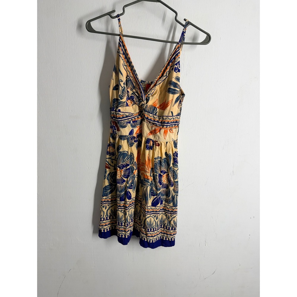 Angie Boho Floral Paisley Mini Dress L Blue Orange Tropical Smocked Sun Dress